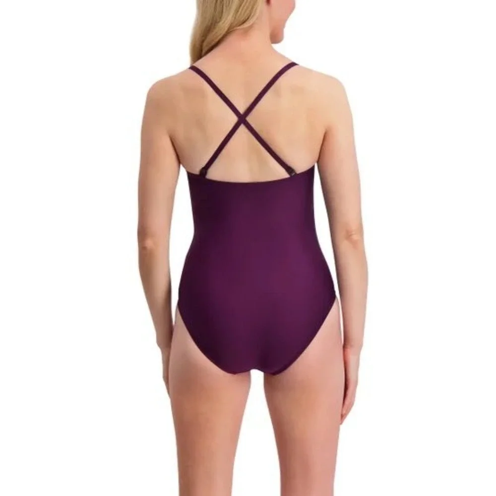 NWT DKNY Women Purple Ruched Convertible One Piece Swimsuit Tummy Control Medium - Picture 3 of 6